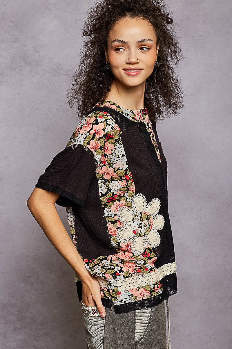 "La Isla Negra" Lace Patchwork Top in Black