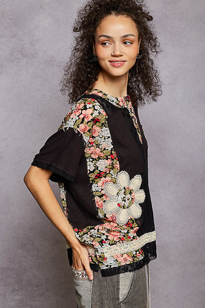 "La Isla Negra" Lace Patchwork Top in Black