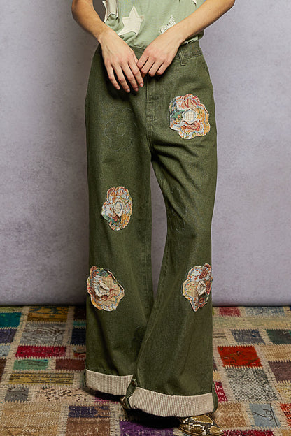 "Truckee" Denim Twill Patchwork Pants in Olive Green