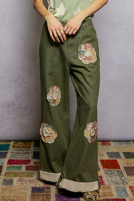 "Truckee" Denim Twill Patchwork Pants in Olive Green