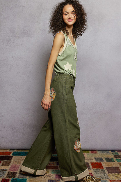 "Truckee" Denim Twill Patchwork Pants in Olive Green