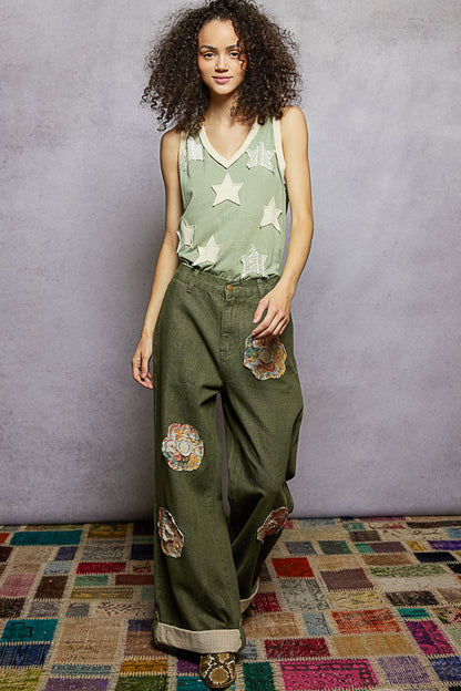 "Truckee" Denim Twill Patchwork Pants in Olive Green