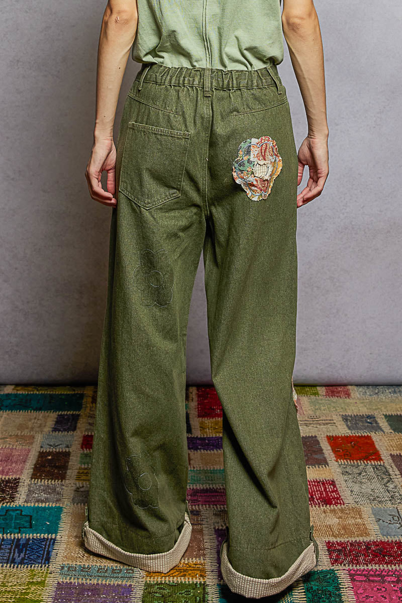 "Truckee" Denim Twill Patchwork Pants in Olive Green