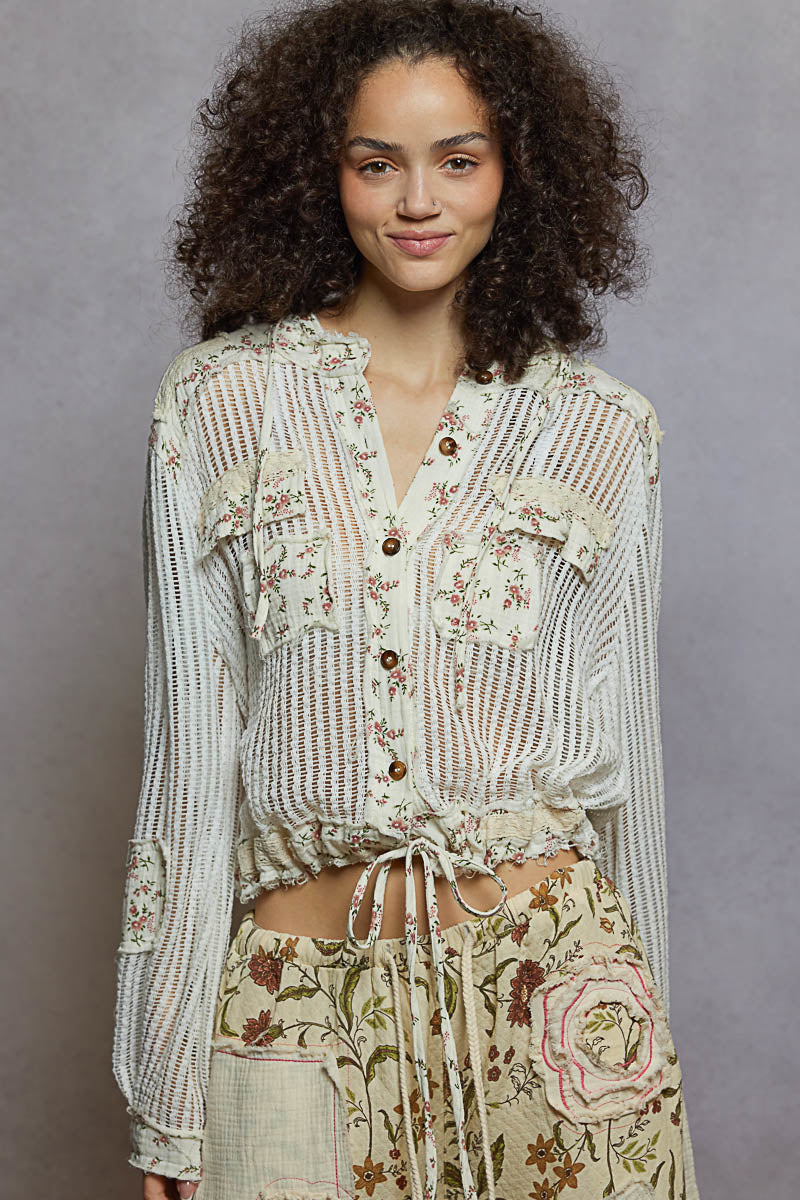"Soft Touch" Lacy Crochet Hoodie Top in Ivory Floral