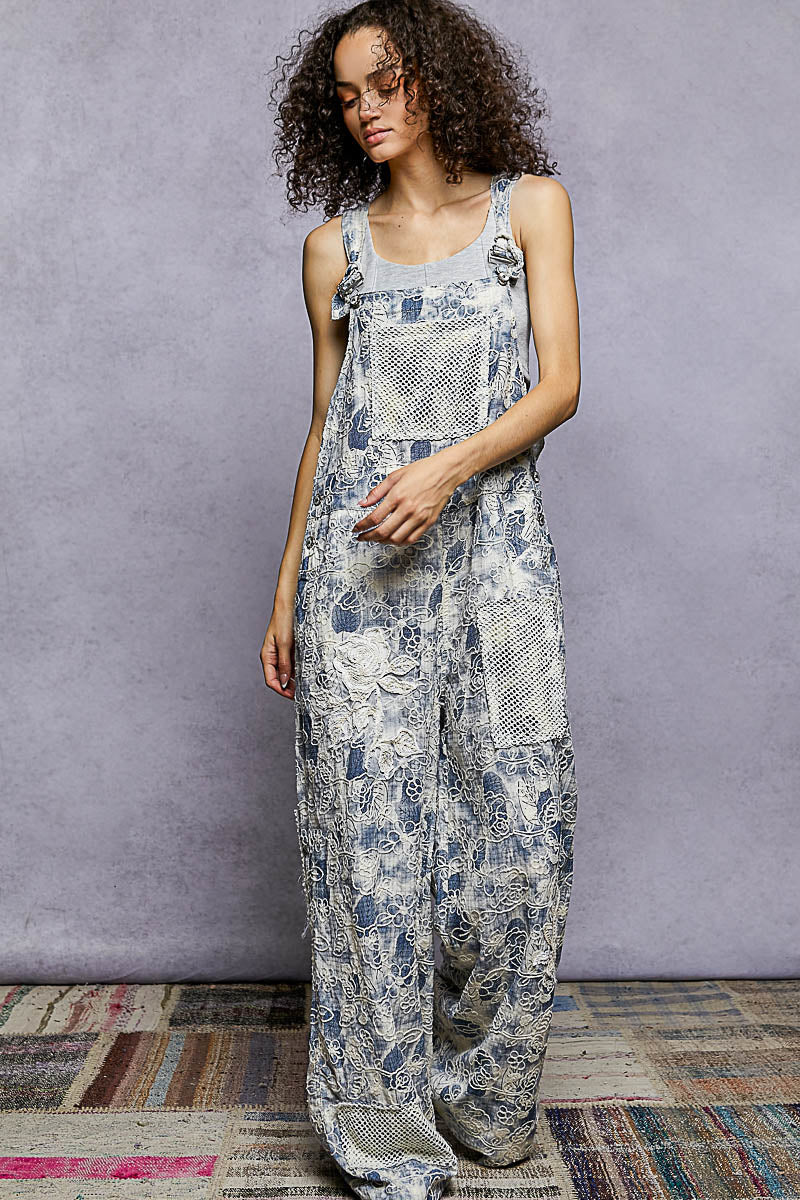 "Daisy Chain" Floral Embroidered Overalls in Blue