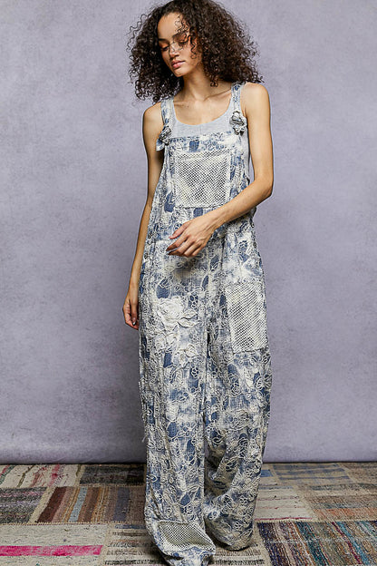 "Daisy Chain" Floral Embroidered Overalls in Blue