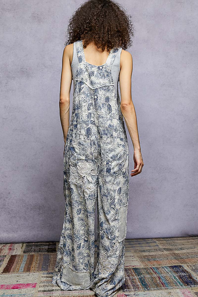 "Daisy Chain" Floral Embroidered Overalls in Blue