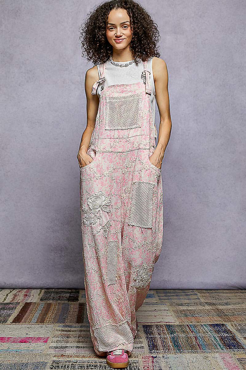 "Daisy Chain" Floral Embroidered Overalls in Pink