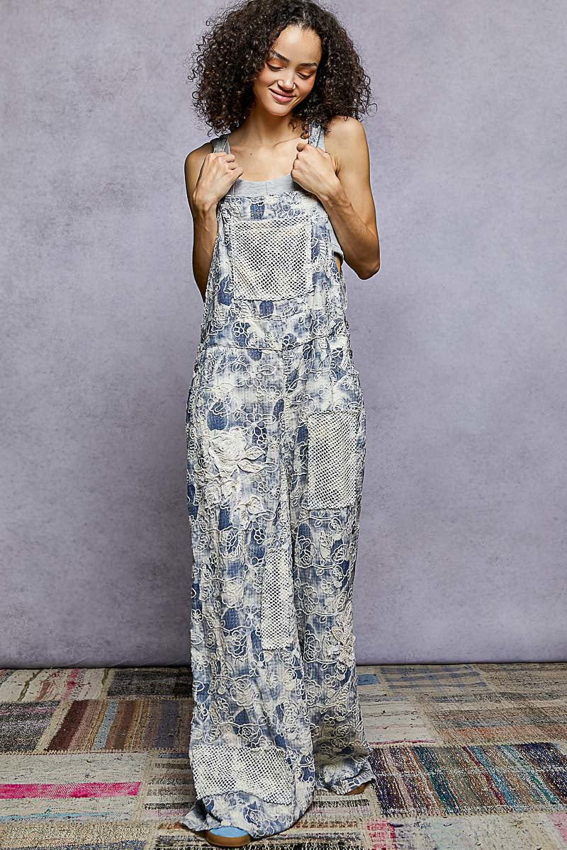 "Daisy Chain" Floral Embroidered Overalls in Blue