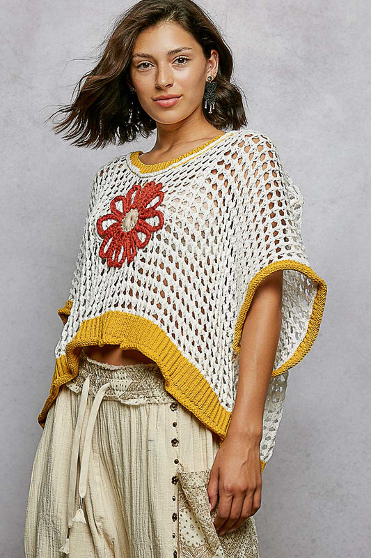 "Lady Daisy" Open Weave Sweater in Ivory/Gold