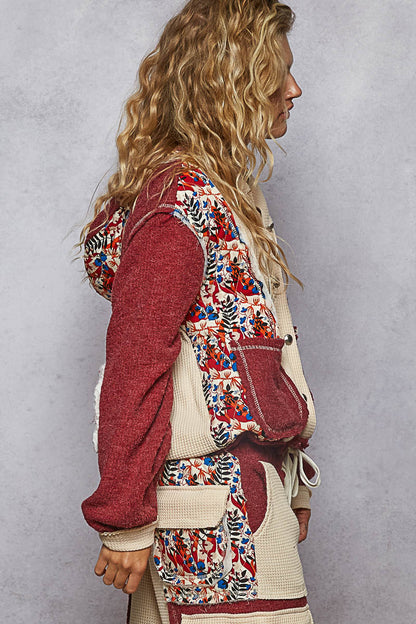 "Whimsy" Floral Thermal Quilted Hoodie Jacket in Burgundy