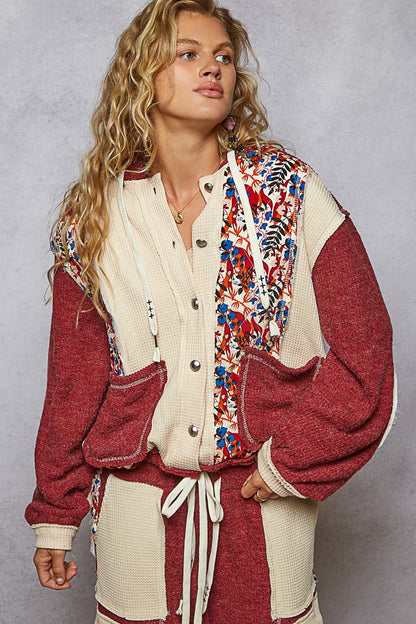 "Whimsy" Floral Thermal Quilted Hoodie Jacket in Burgundy