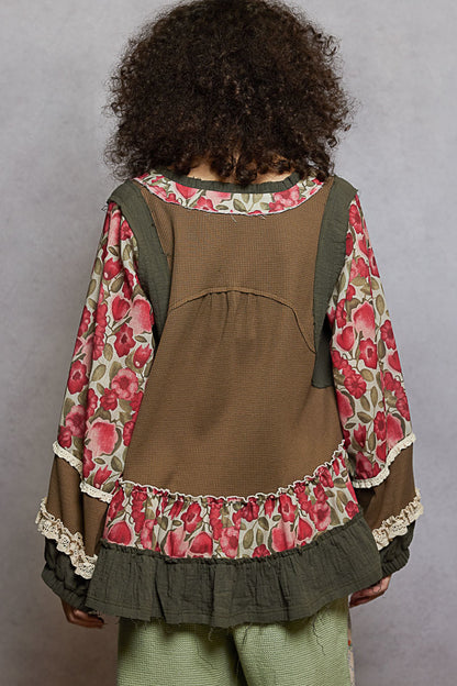 "La Bella" Floral Ruffle Lace Trim Top in Herb Green