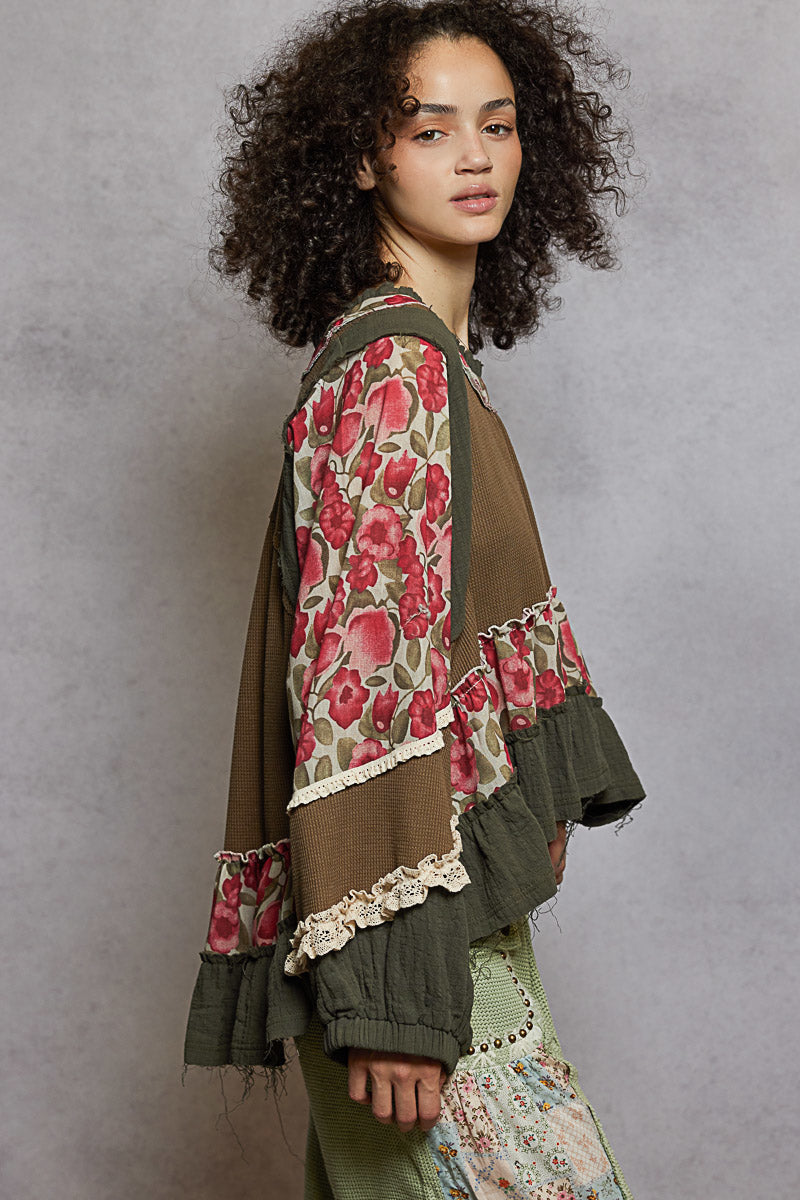 "La Bella" Floral Ruffle Lace Trim Top in Herb Green