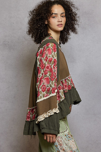 "La Bella" Floral Ruffle Lace Trim Top in Herb Green