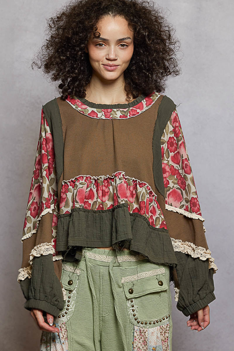 "La Bella" Floral Ruffle Lace Trim Top in Herb Green