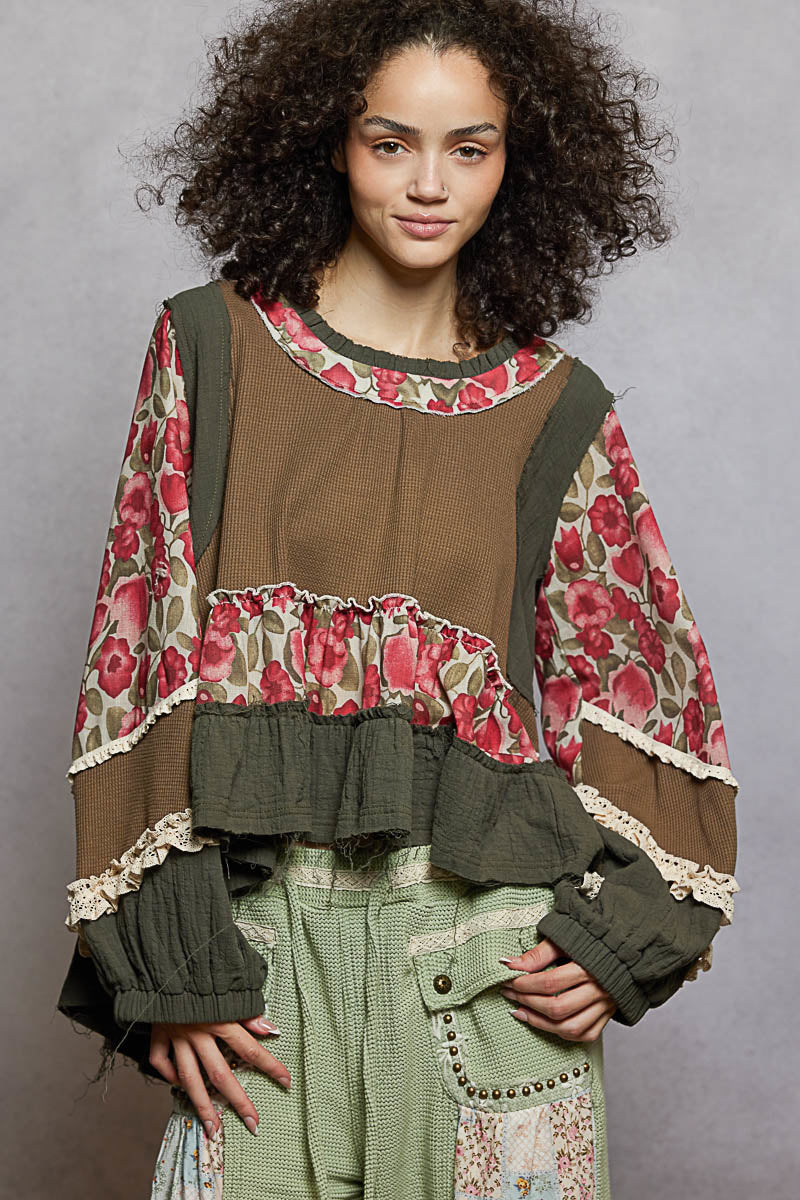 "La Bella" Floral Ruffle Lace Trim Top in Herb Green