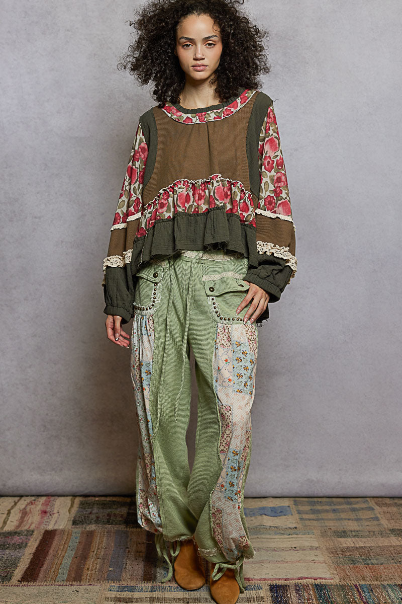 "La Bella" Floral Ruffle Lace Trim Top in Herb Green