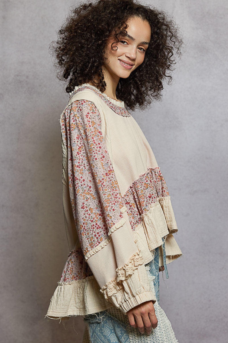 "La Bella" Floral Ruffle Lace Trim Top in Cream