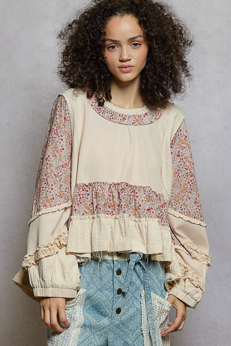 "La Bella" Floral Ruffle Lace Trim Top in Cream