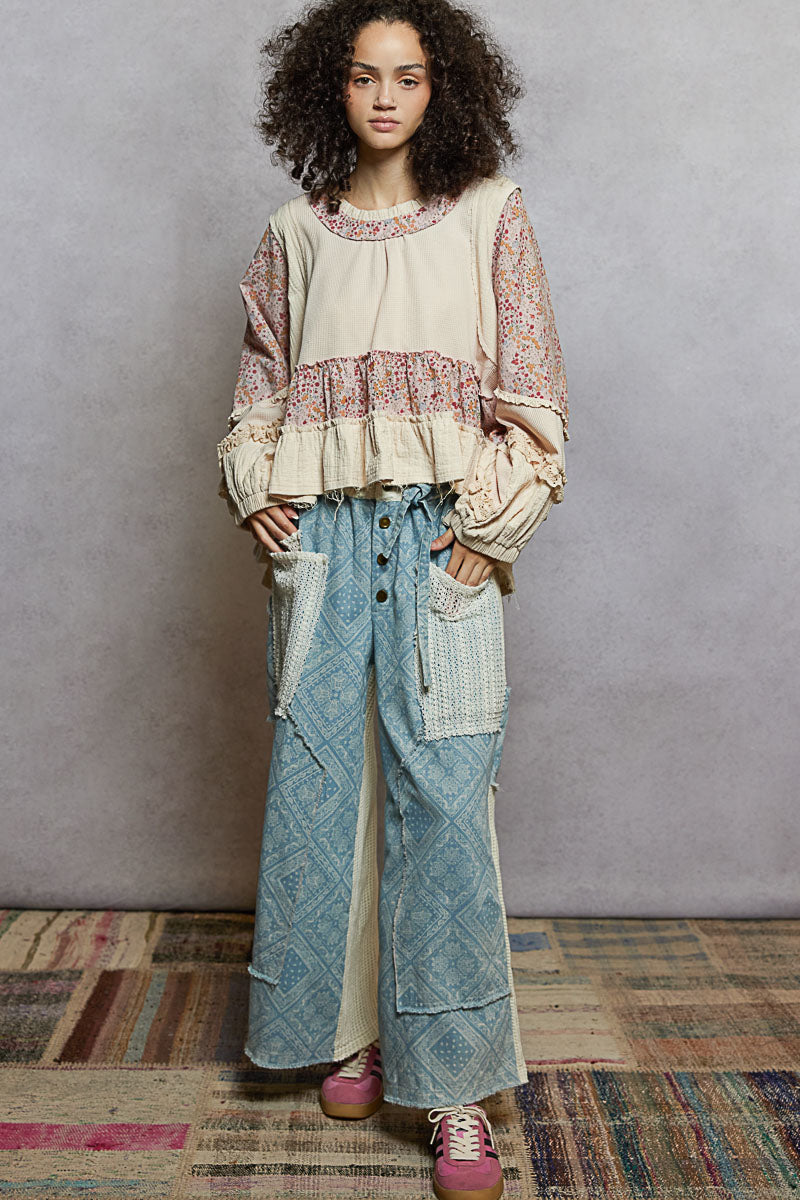 "La Bella" Floral Ruffle Lace Trim Top in Cream