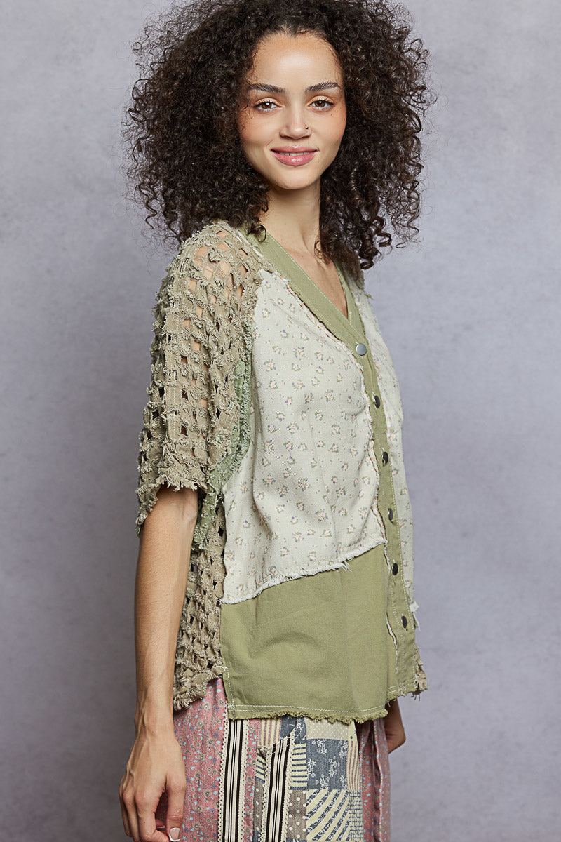 "Tara" V Neck Laser Cut Shacket Top in Olive