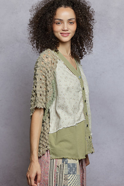 "Tara" V Neck Laser Cut Shacket Top in Olive