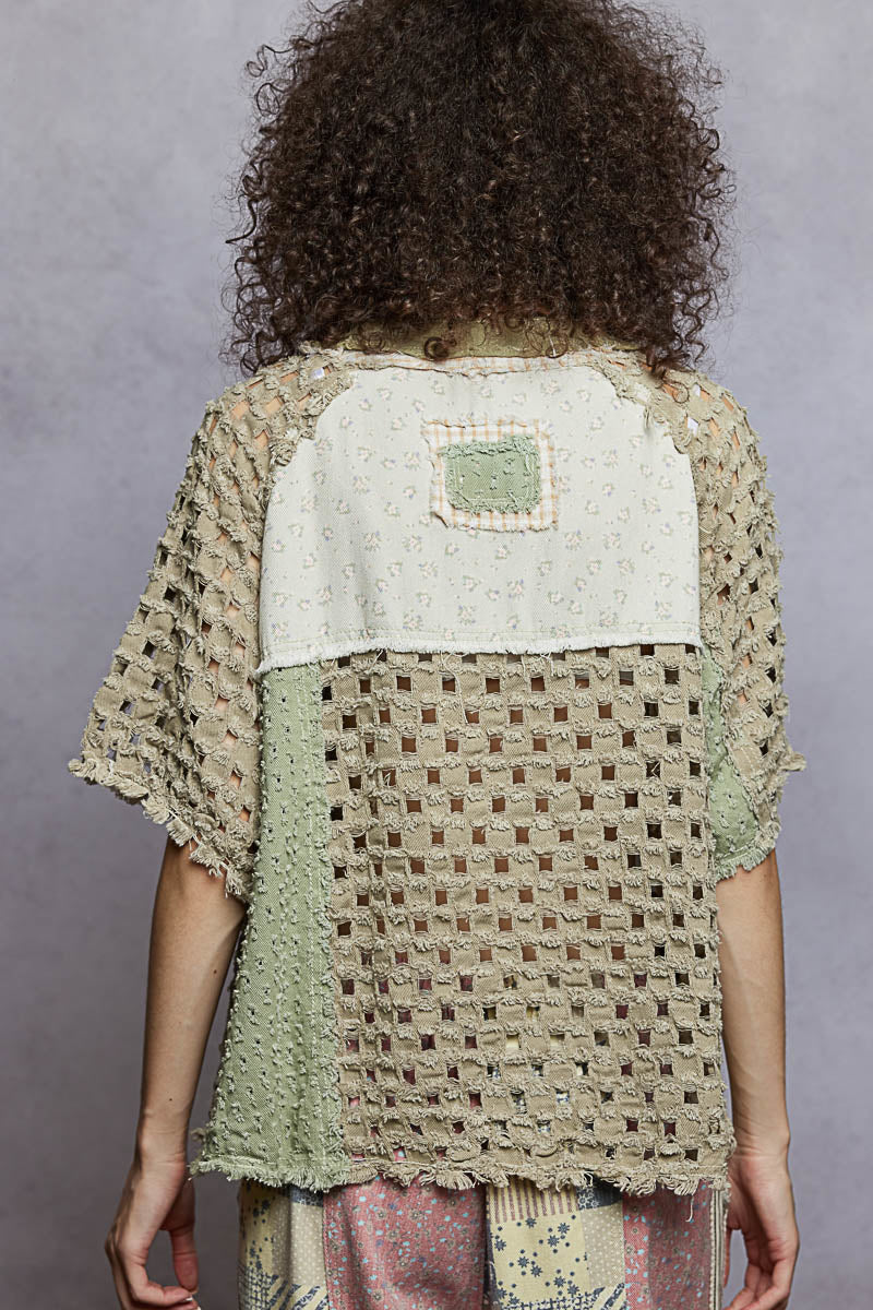 "Tara" V Neck Laser Cut Shacket Top in Olive