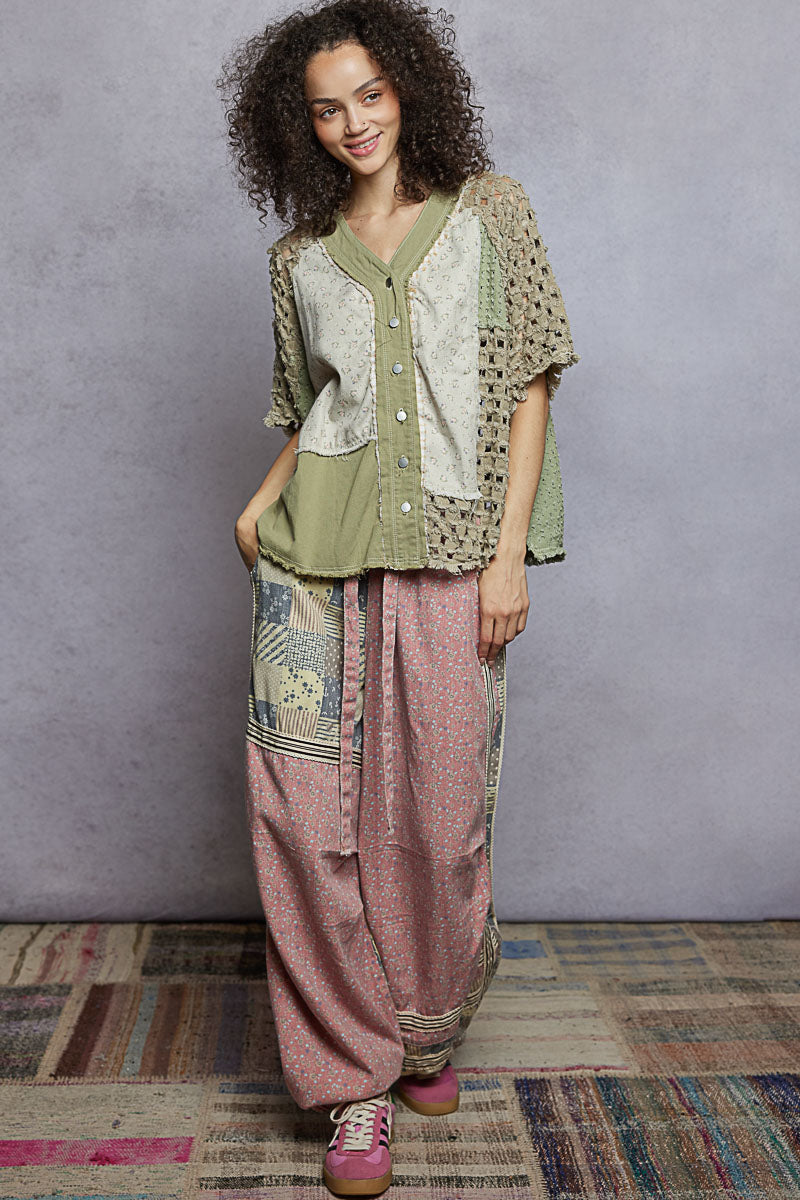 "Tara" V Neck Laser Cut Shacket Top in Olive