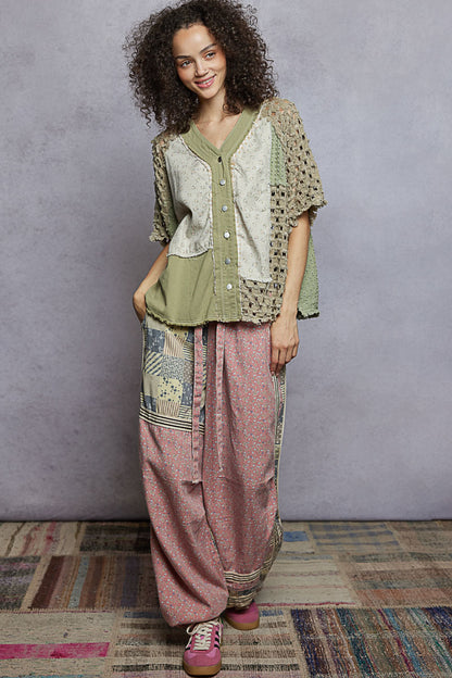 "Tara" V Neck Laser Cut Shacket Top in Olive