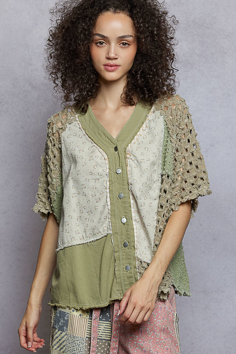 "Tara" V Neck Laser Cut Shacket Top in Olive