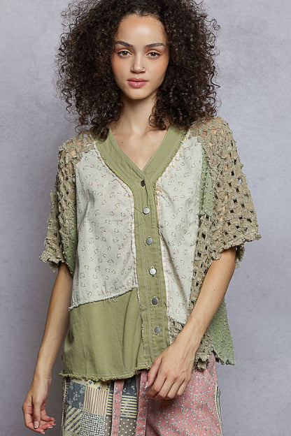 "Tara" V Neck Laser Cut Shacket Top in Olive