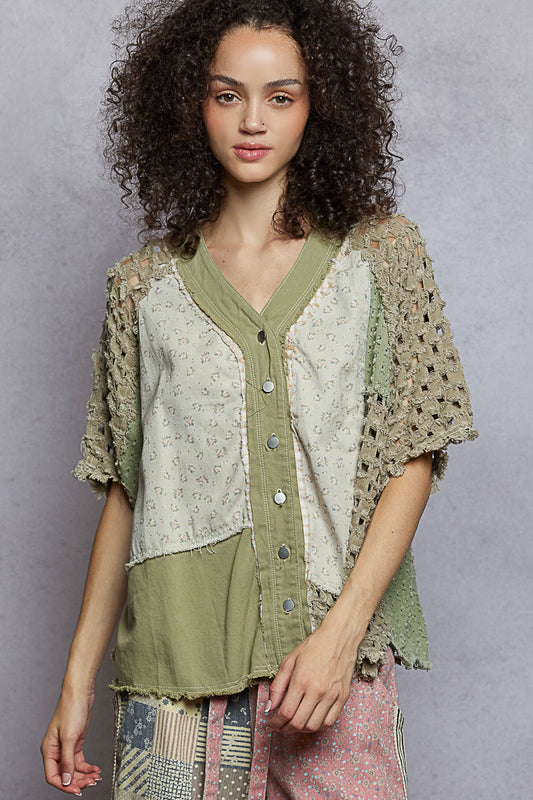 "Tara" V Neck Laser Cut Shacket Top in Olive
