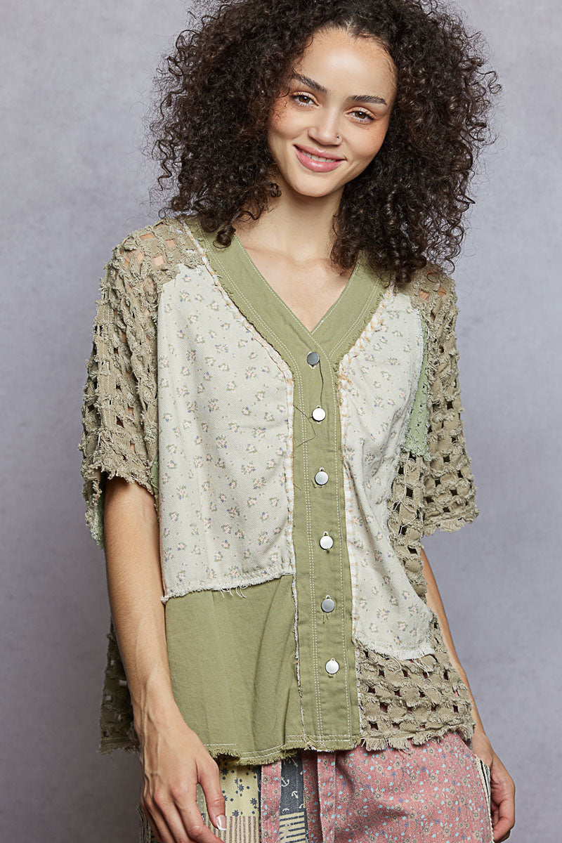 "Tara" V Neck Laser Cut Shacket Top in Olive