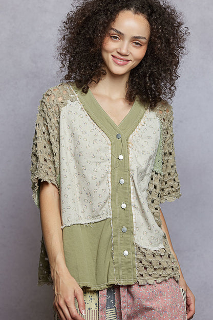 "Tara" V Neck Laser Cut Shacket Top in Olive