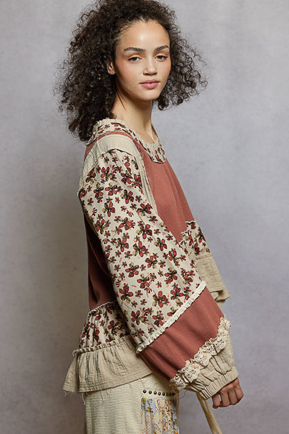 "La Bella" Floral Ruffle Lace Trim Top in Dusty Rose