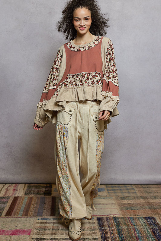 "La Bella" Floral Ruffle Lace Trim Top in Dusty Rose