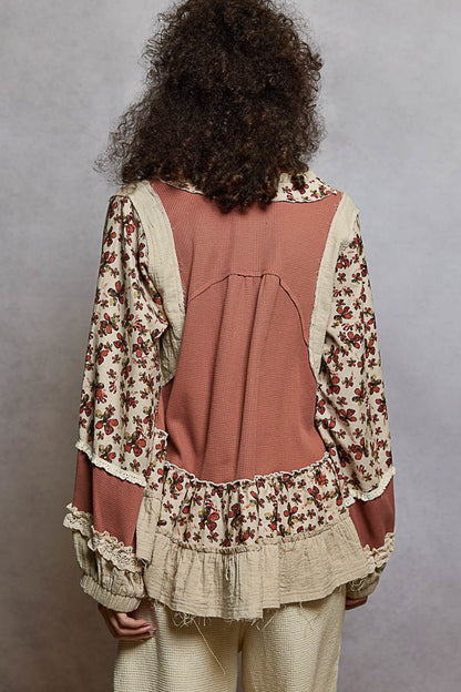 "La Bella" Floral Ruffle Lace Trim Top in Dusty Rose