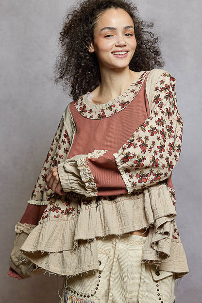 "La Bella" Floral Ruffle Lace Trim Top in Dusty Rose