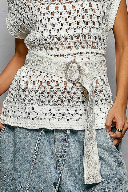 "Pearl Gray" Beaded Embellished Belt in Ivory and Silver