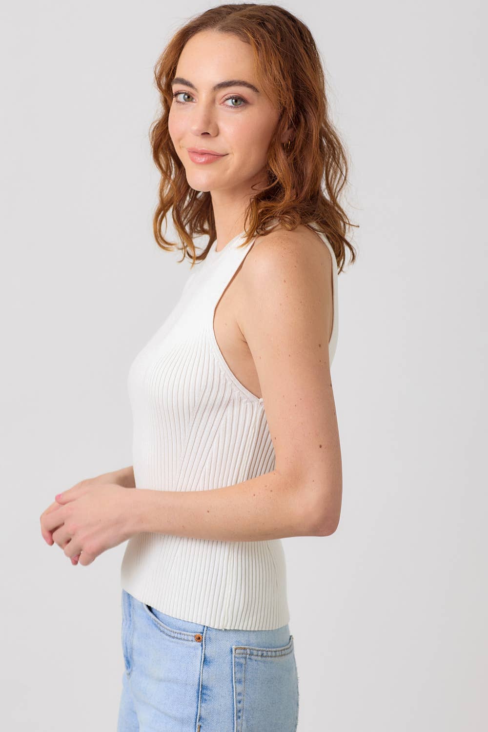"Route 66" Halter Neck Ribbed Tank in Ivory