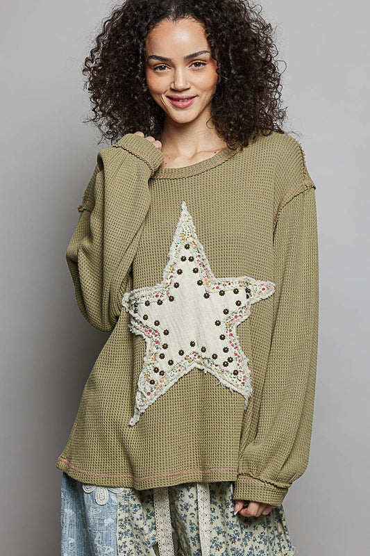 "Stella" Star Applique Studded Thermal Top in Olive