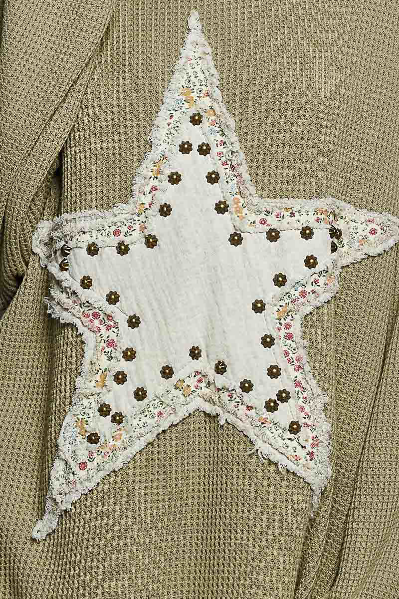 "Stella" Star Applique Studded Thermal Top in Olive
