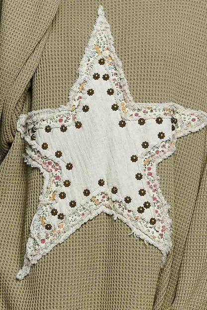 "Stella" Star Applique Studded Thermal Top in Olive