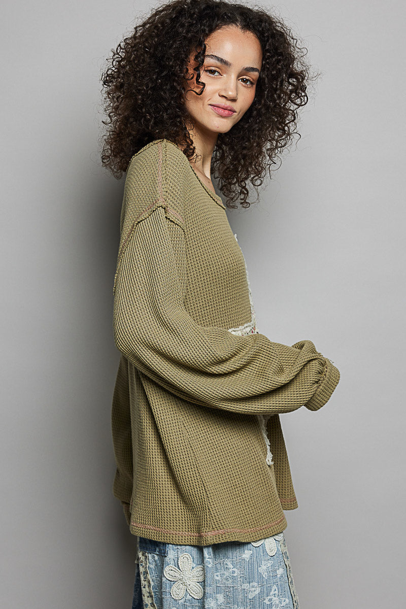 "Stella" Star Applique Studded Thermal Top in Olive