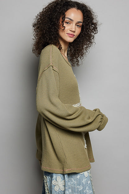 "Stella" Star Applique Studded Thermal Top in Olive