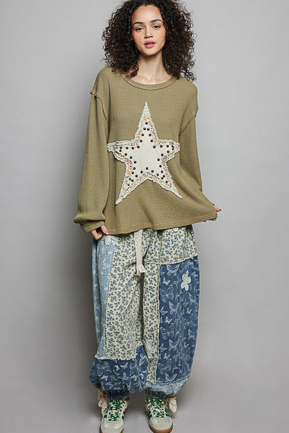 "Stella" Star Applique Studded Thermal Top in Olive