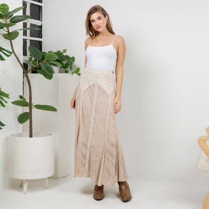"Sarah" Prairie Maxi Skirt Denim & Lace in Latte