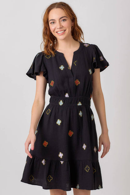 "Dayna" Embroidered Double Gauze Dress in Black