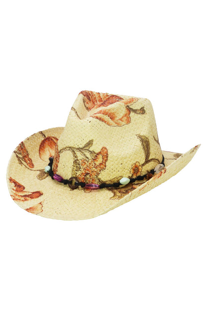 "Poppy" Floral Print Raffia Straw Cowboy Hat